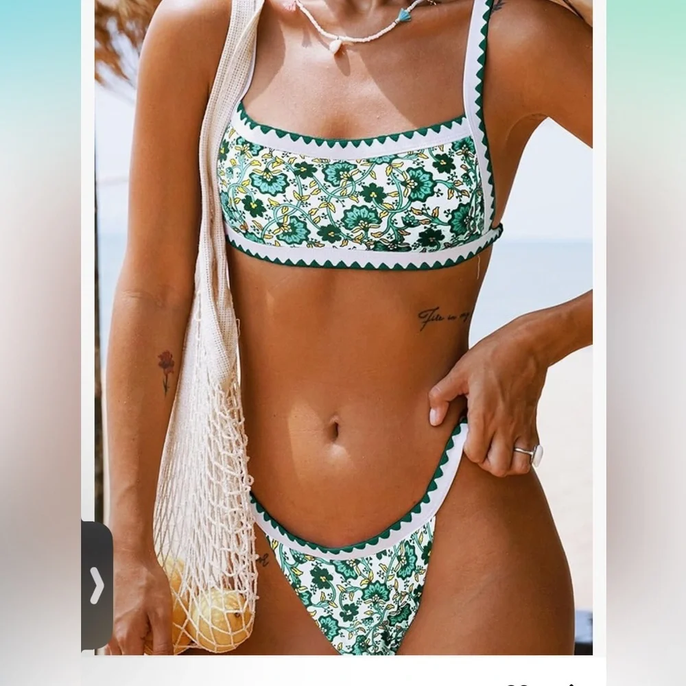 NWT L GREEN FLORAL VERY SEXY HIGH SIDES SQUARE TOP 2-Piece bikini - Picture 2 of 6
